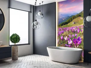 Fashion Bloemenveld van krokussen in de bergen fotobehang Bloemen