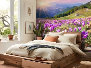 Fashion Bloemenveld van krokussen in de bergen fotobehang Bloemen