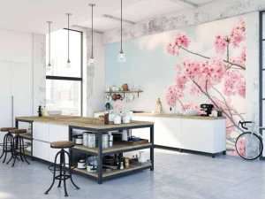 Online Bloesem met wolken op achtergrond fotobehang Bloemen