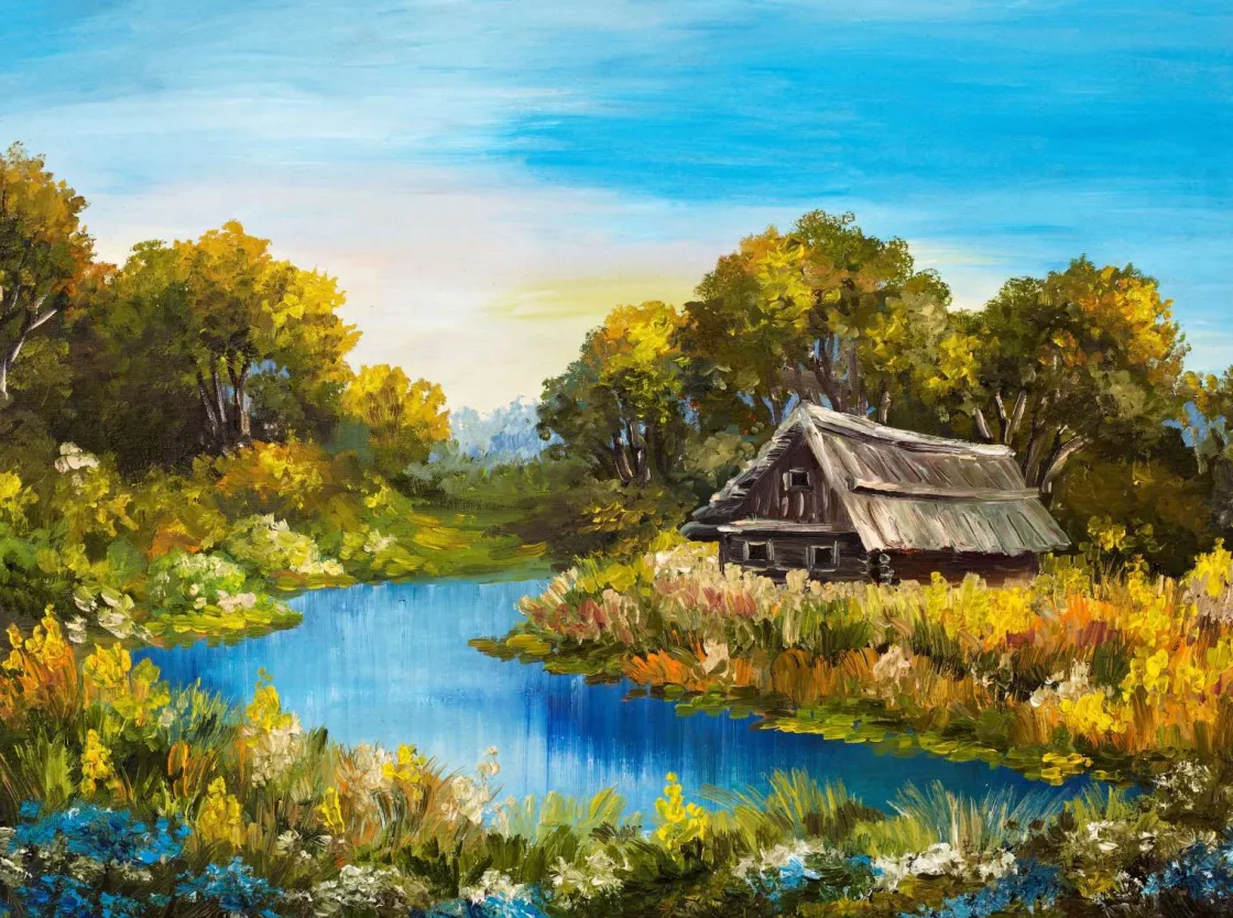 boerderij_aan_een_rivier__0.webp Fashion Boerderij aan een rivier schilderij fotobehang Kunst & Design