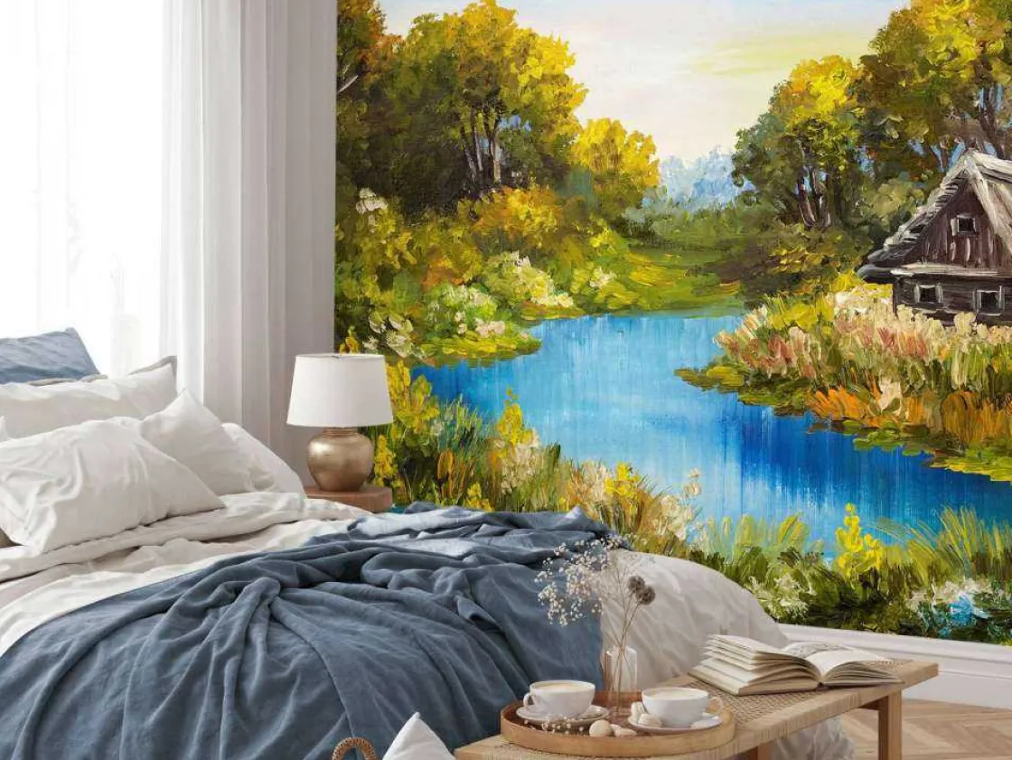 boerderij_aan_een_rivier__1.webp Fashion Boerderij aan een rivier schilderij fotobehang Kunst & Design