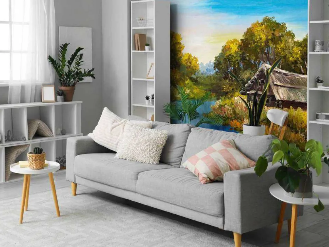 boerderij_aan_een_rivier__10.webp Fashion Boerderij aan een rivier schilderij fotobehang Kunst & Design