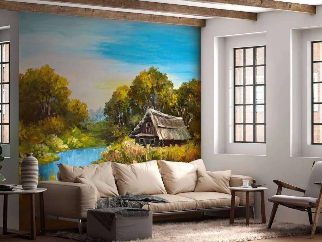 boerderij_aan_een_rivier__2.webp Fashion Boerderij aan een rivier schilderij fotobehang Kunst & Design