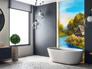 Fashion Boerderij aan een rivier schilderij fotobehang Kunst & Design
