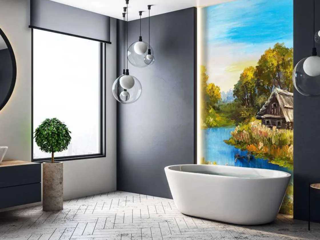boerderij_aan_een_rivier__8.webp Fashion Boerderij aan een rivier schilderij fotobehang Kunst & Design