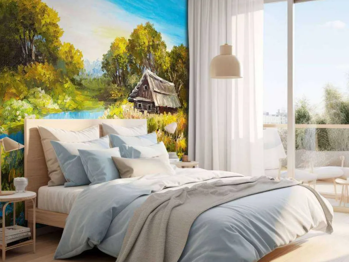 boerderij_aan_een_rivier__9.webp Fashion Boerderij aan een rivier schilderij fotobehang Kunst & Design
