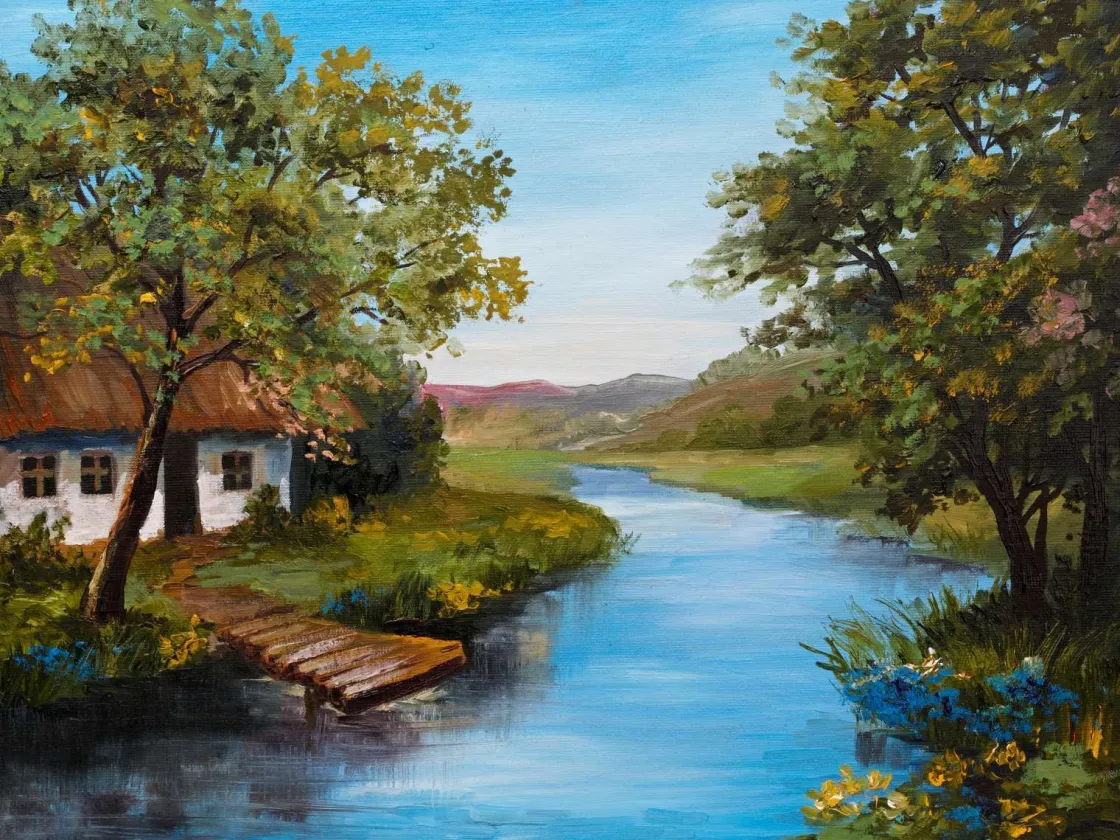 boerderij_met_een_zomers__0.webp Sale Boerderij met een zomers landschap schilderij fotobehang Kunst & Design
