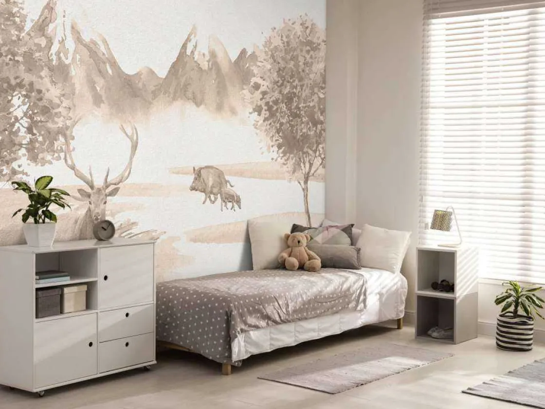 bos_met_dieren_in_taupe_3.webp Online Bos met dieren in taupe Kinderkamer | Dieren