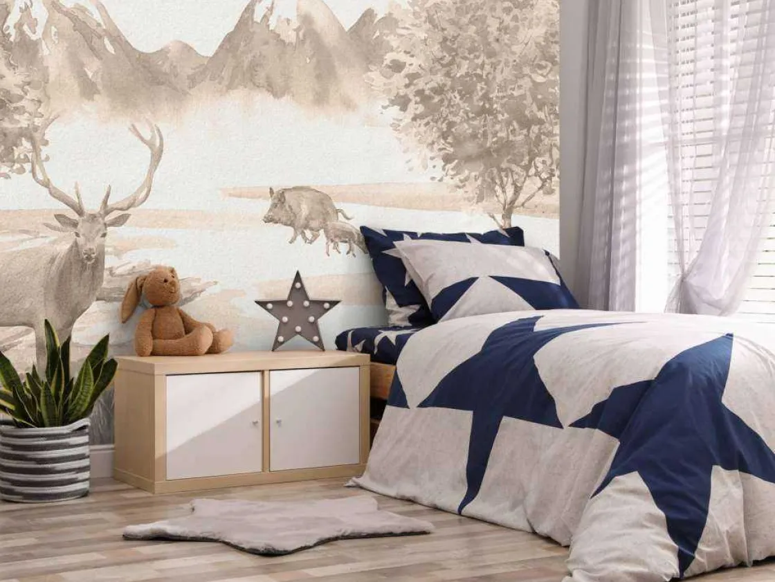 bos_met_dieren_in_taupe_5.webp Online Bos met dieren in taupe Kinderkamer | Dieren