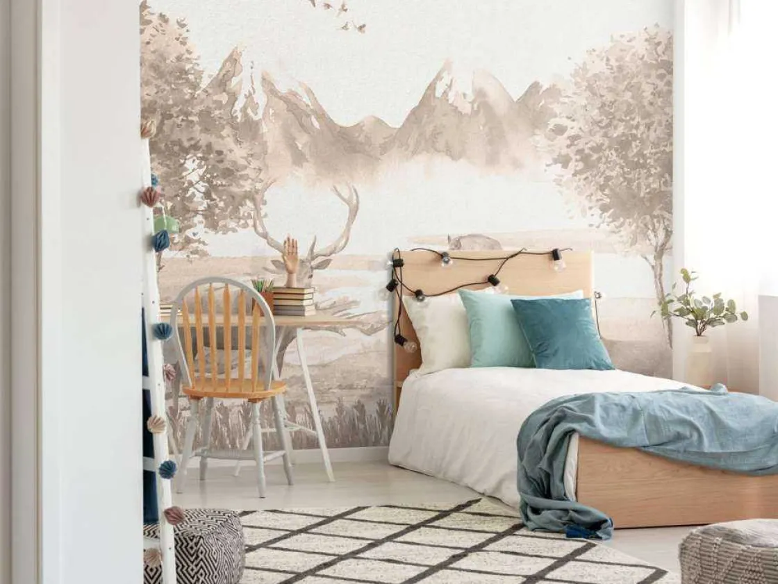 bos_met_dieren_in_taupe_6.webp Online Bos met dieren in taupe Kinderkamer | Dieren
