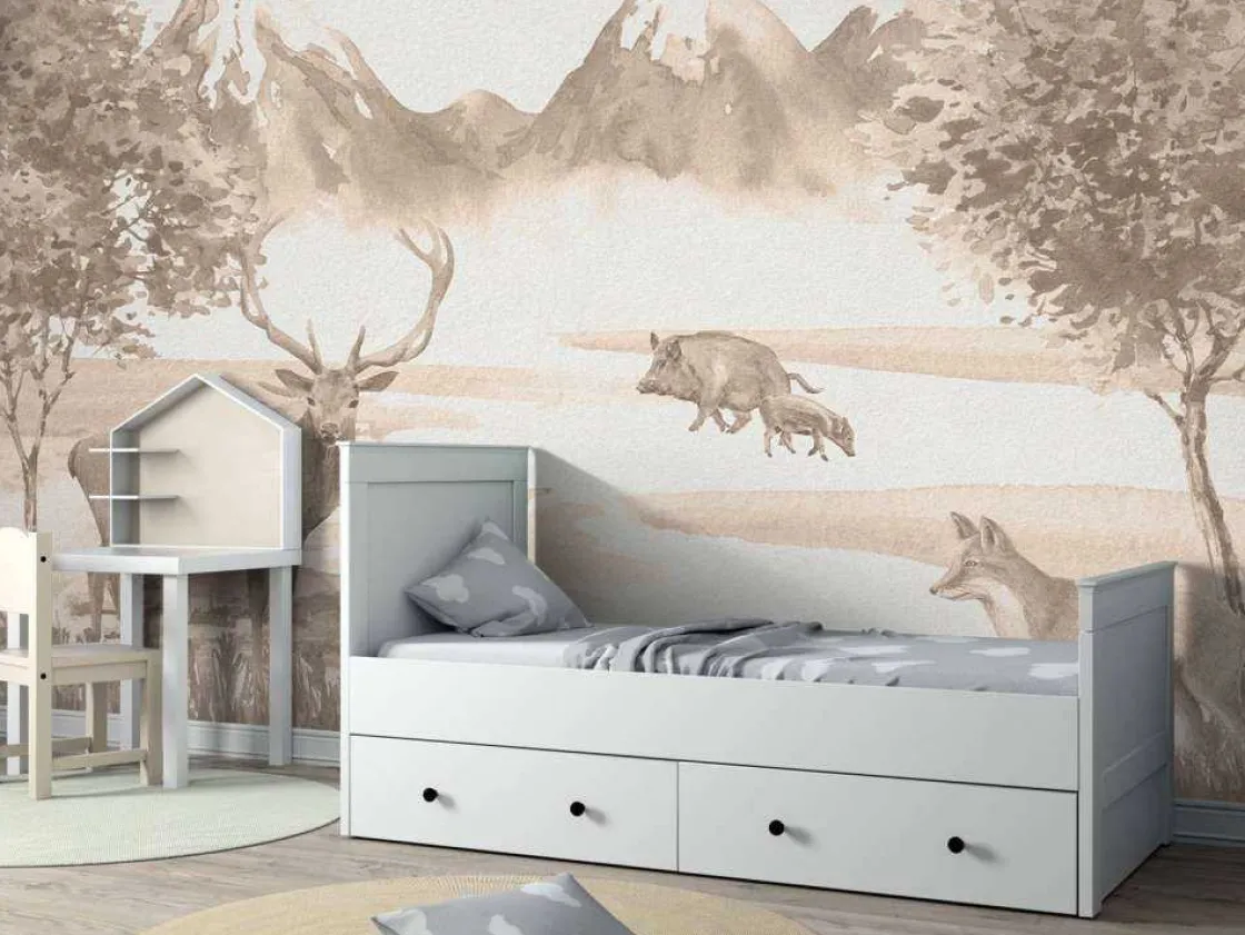 bos_met_dieren_in_taupe_7.webp Online Bos met dieren in taupe Kinderkamer | Dieren