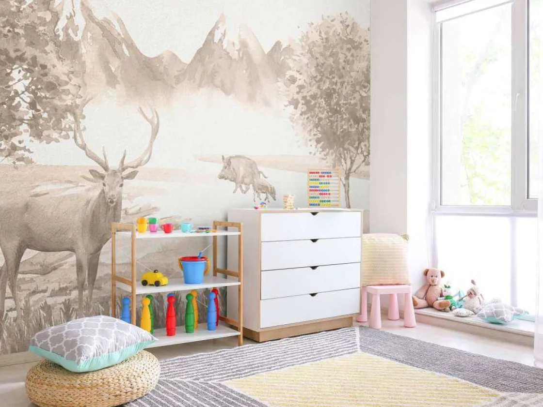 bos_met_dieren_in_taupe_8.webp Online Bos met dieren in taupe Kinderkamer | Dieren