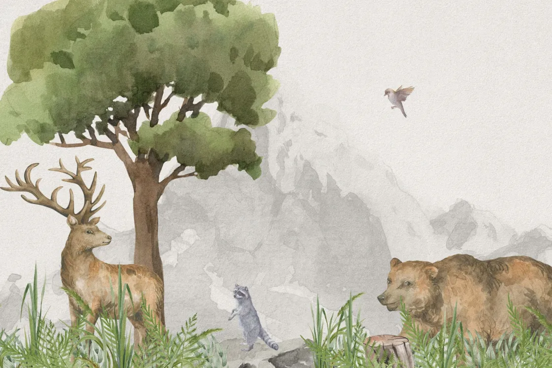 bosdieren_bij_een_berg_0.webp Fashion Bosdieren bij een berg Kinderkamer | Dieren