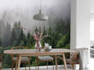 Fashion Bovenaanzicht van een mistig bos fotobehang Bloemen