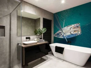 Hot Bovenaanzicht van een zeilboot fotobehang Tienerkamer | Transport