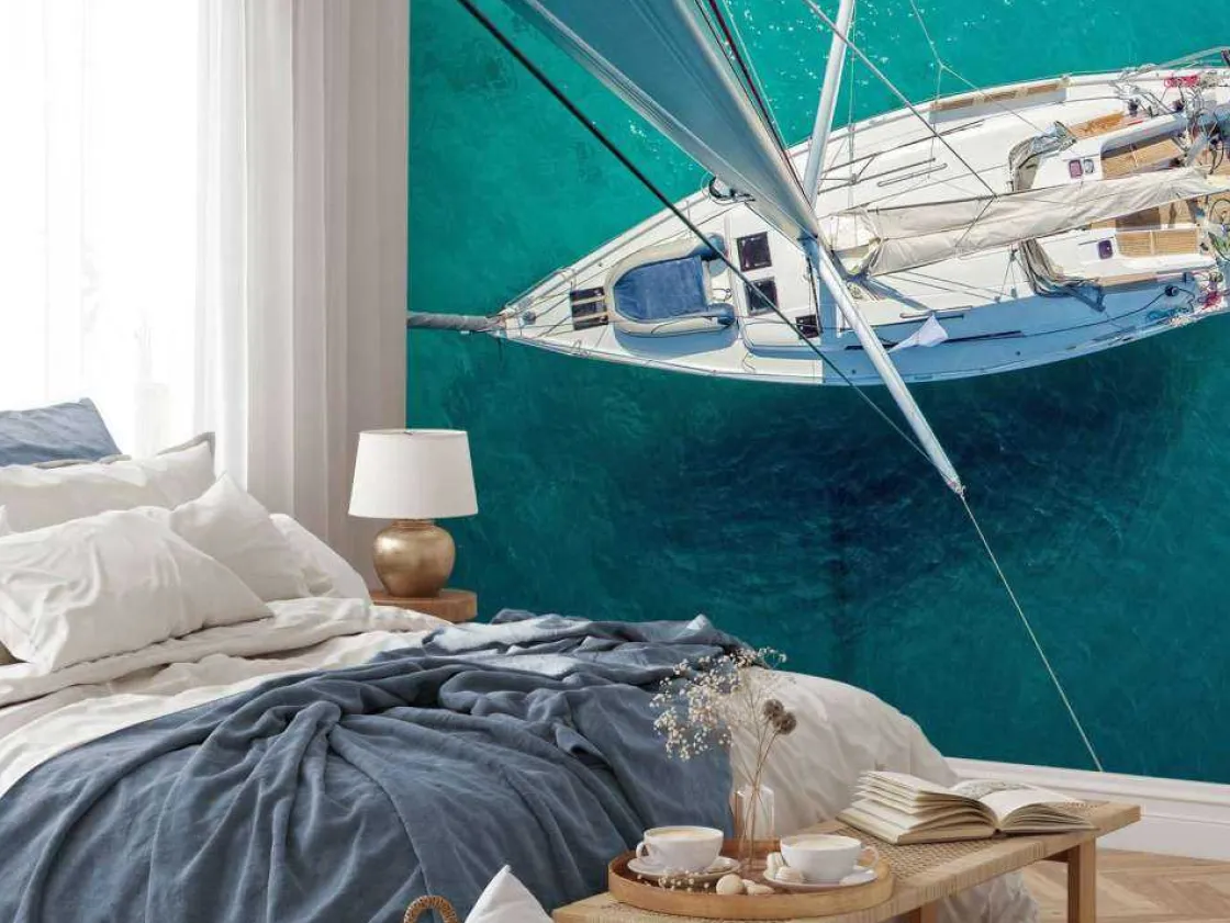 bovenaanzicht_van_een_zei_9.webp Hot Bovenaanzicht van een zeilboot fotobehang Tienerkamer | Transport