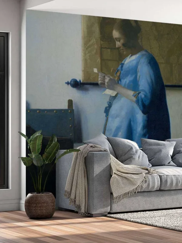 Online Brieflezende vrouw in het blauw fotobehang Kunst & Design