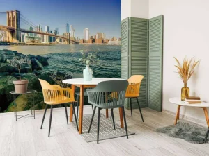 Clearance Brooklyn Bridge met een skyline op de achtergrond fotobehang Architectuur