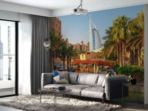 Hot Burj Al Arab met palmbomen op de voorgrond fotobehang Steden | Architectuur