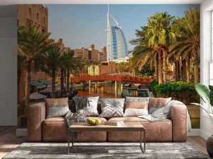 Hot Burj Al Arab met palmbomen op de voorgrond fotobehang Steden | Architectuur