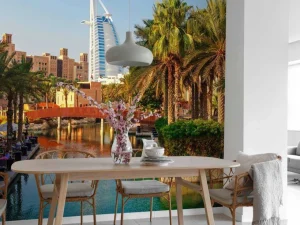 Hot Burj Al Arab met palmbomen op de voorgrond fotobehang Steden | Architectuur