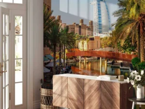Hot Burj Al Arab met palmbomen op de voorgrond fotobehang Steden | Architectuur