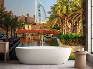 Hot Burj Al Arab met palmbomen op de voorgrond fotobehang Steden | Architectuur