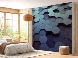 Sale 3D weergave van blauwe zeshoeken fotobehang Computerkamer | Kunst & Design