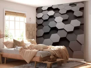Sale 3D weergave van zeshoeken in zwart-wit fotobehang Computerkamer | Kunst & Design