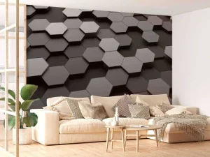 Sale 3D weergave van zeshoeken in zwart-wit fotobehang Computerkamer | Kunst & Design