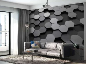 Sale 3D weergave van zeshoeken in zwart-wit fotobehang Computerkamer | Kunst & Design