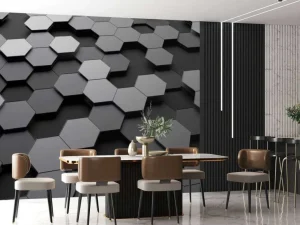 Sale 3D weergave van zeshoeken in zwart-wit fotobehang Computerkamer | Kunst & Design