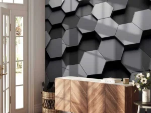 Sale 3D weergave van zeshoeken in zwart-wit fotobehang Computerkamer | Kunst & Design
