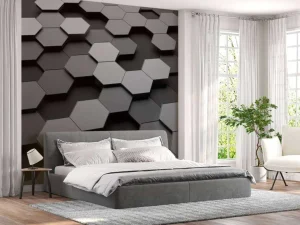 Sale 3D weergave van zeshoeken in zwart-wit fotobehang Computerkamer | Kunst & Design