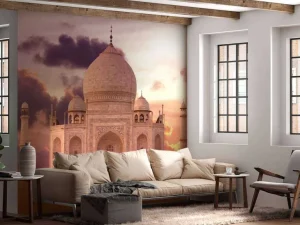 Online De Taj Mahal bij zonsondergang fotobehang Architectuur