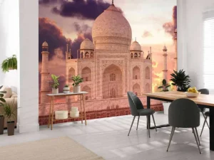 Online De Taj Mahal bij zonsondergang fotobehang Architectuur