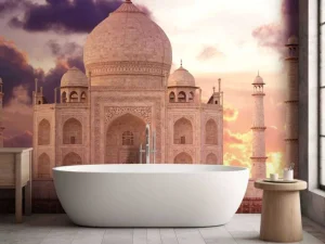 Online De Taj Mahal bij zonsondergang fotobehang Architectuur