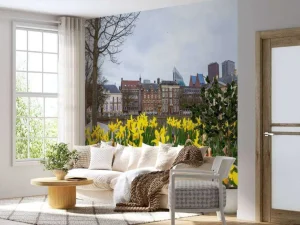 Clearance Den Haag met bloemen op de voorgrond fotobehang Steden | Architectuur