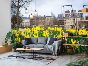 Clearance Den Haag met bloemen op de voorgrond fotobehang Steden | Architectuur