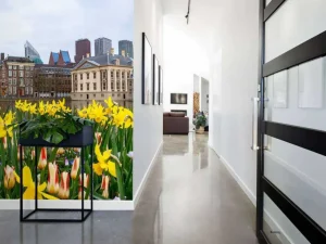 Clearance Den Haag met bloemen op de voorgrond fotobehang Steden | Architectuur