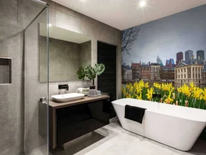 Clearance Den Haag met bloemen op de voorgrond fotobehang Steden | Architectuur