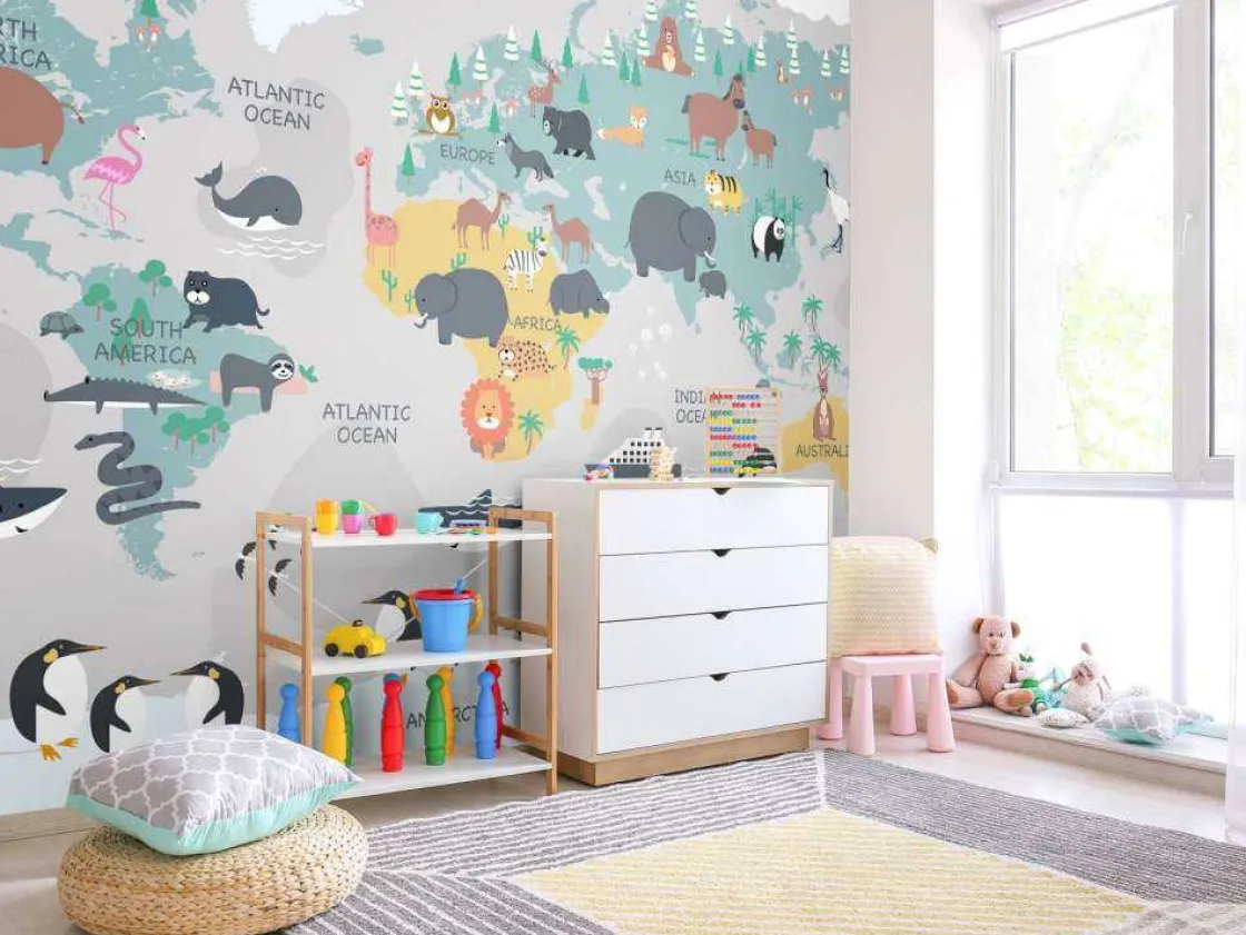 dierlijke_wereldkaart_11.webp Fashion Dierlijke wereldkaart Kinderkamer | Dieren
