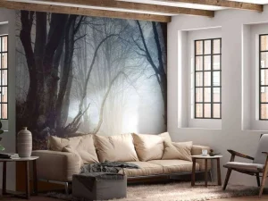 New Donker mistig bos fotobehang Bloemen