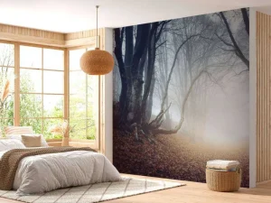 New Donker mistig bos fotobehang Bloemen