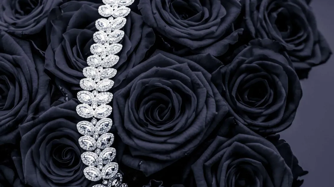 donkere_rozen_met_een_dia_0.webp Online Donkere rozen met een diamanten ketting erop fotobehang Tienerkamer | Bloemen