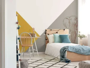 Online Driehoeken in okergeel en groen met olifant Kinderkamer | Dieren