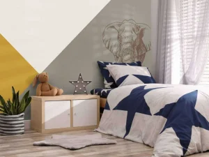 Online Driehoeken in okergeel en groen met olifant Kinderkamer | Dieren