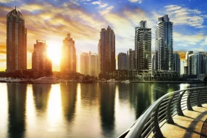 Sale Dubai Marina bij zonsopkomst fotobehang Architectuur