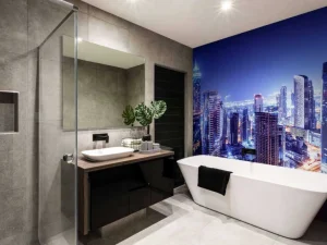 Clearance Dubai met een blauw effect fotobehang Architectuur