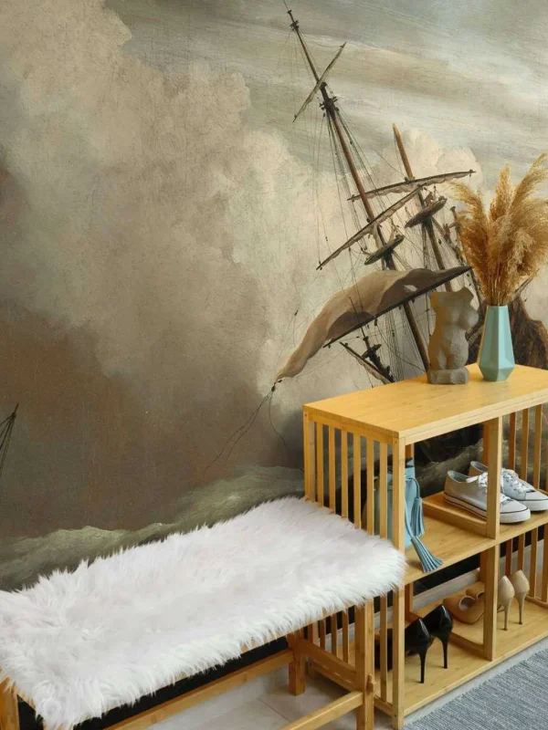 New Een schip in volle zee bij vliegende storm fotobehang Transport | Kunst & Design